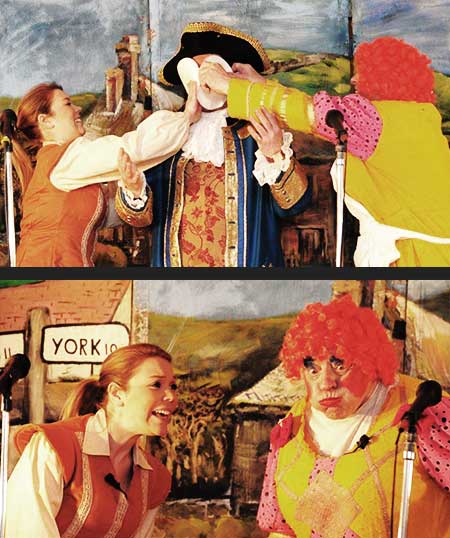 close up view of stage doors own production of jack and the beanstalk showing sean glenn getting a custard pie from either side